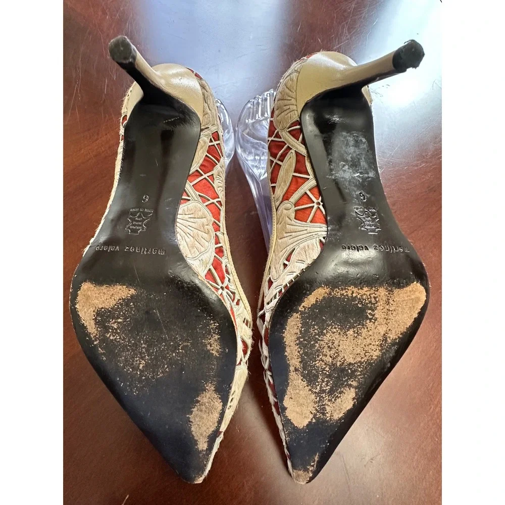 Martinez Valero Womens Red Cream Embroidered Pointed Toe Stiletto Pumps Size 6